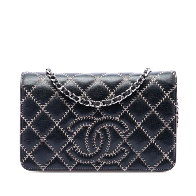 Black Chanel Stitched CC Quilted Calfskin Wallet on Chain Crossbody Bag in Black Calfskin from Designer Revival