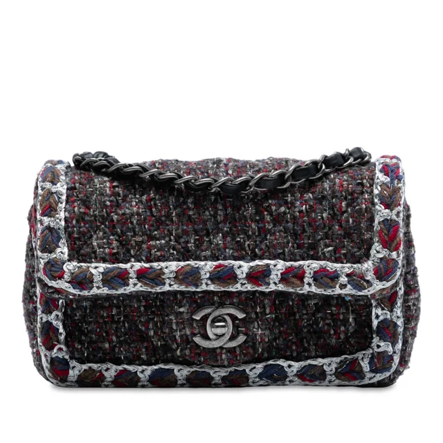 Black Chanel Mini Rectangular Classic Braided Tweed Single Flap Crossbody Bag in Black Tweed from Designer Revival