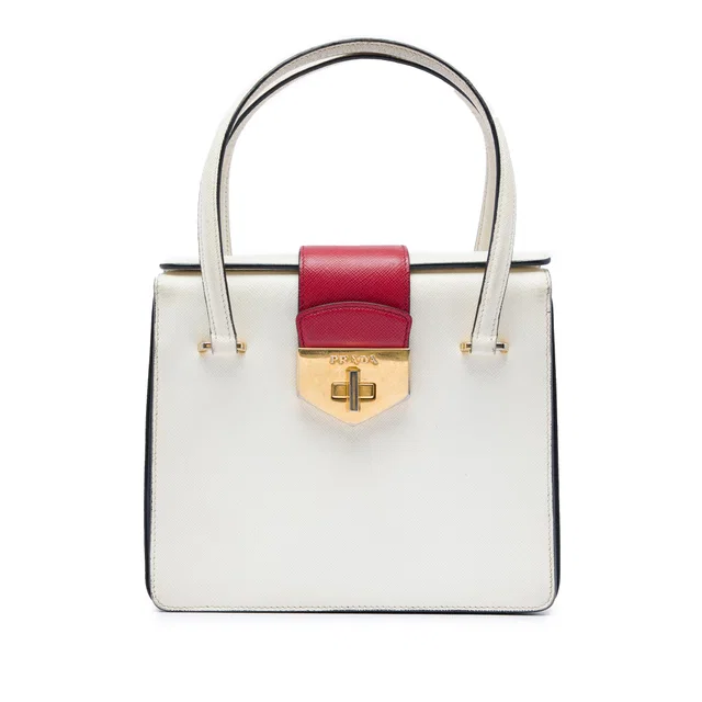 White Prada Mini Saffiano Turnlock Handbag in White Saffiano leather from Designer Revival