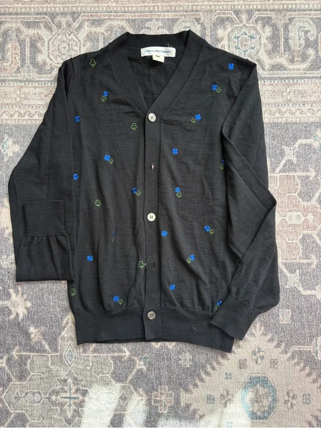 Comme des Garçons Black Cardigan With Blue And Green Floral Dots in blue|black from Poshmark