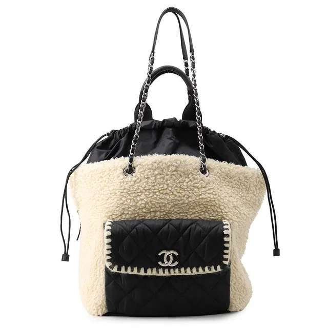Chanel Boa Drawstring Bag Tote Bag Ivory/Black Mouton Nylon in Black Nylon from GALLERY RARE