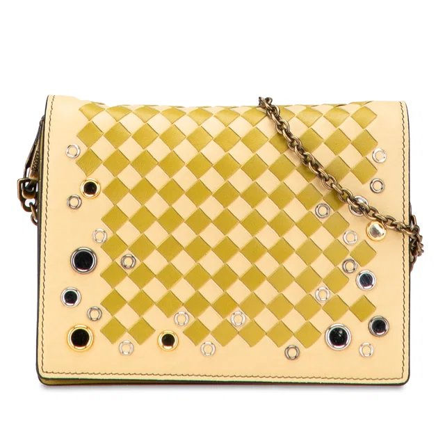 Yellow Bottega Veneta Nappa Intrecciato Studded Wallet on Chain Crossbody Bag in Yellow Nappa leather from Designer Revival
