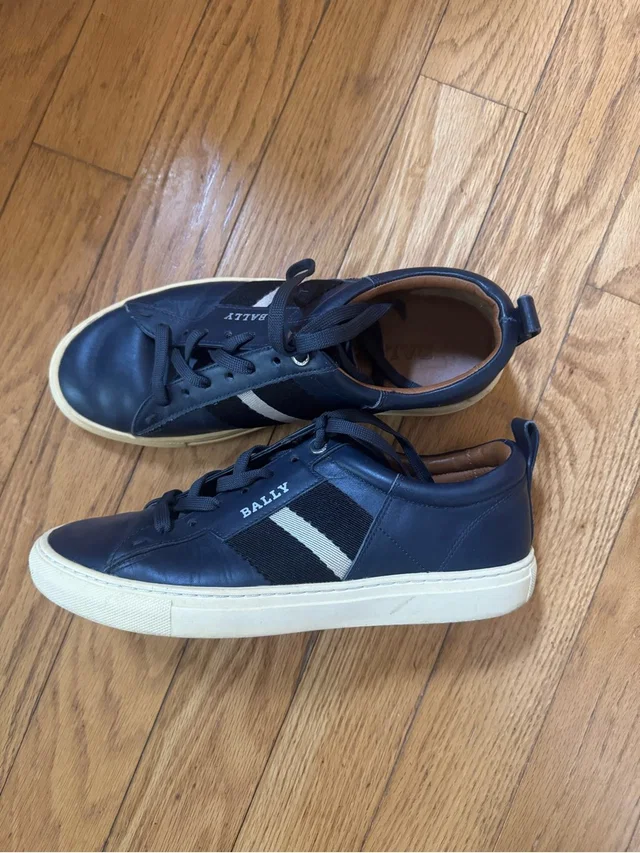 Bally Helvio Mens Navy Leather Sneakers Sz 8d Signature Stripe Luxury Preppy in blue Leather from Poshmark