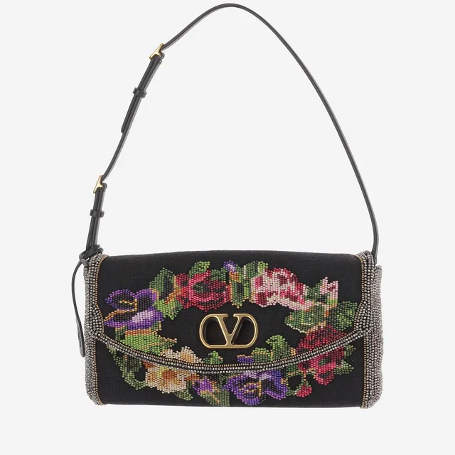 Valentino Garavani Devain Shoulder Bag — Black Linen in Black Calfskin from HEWI