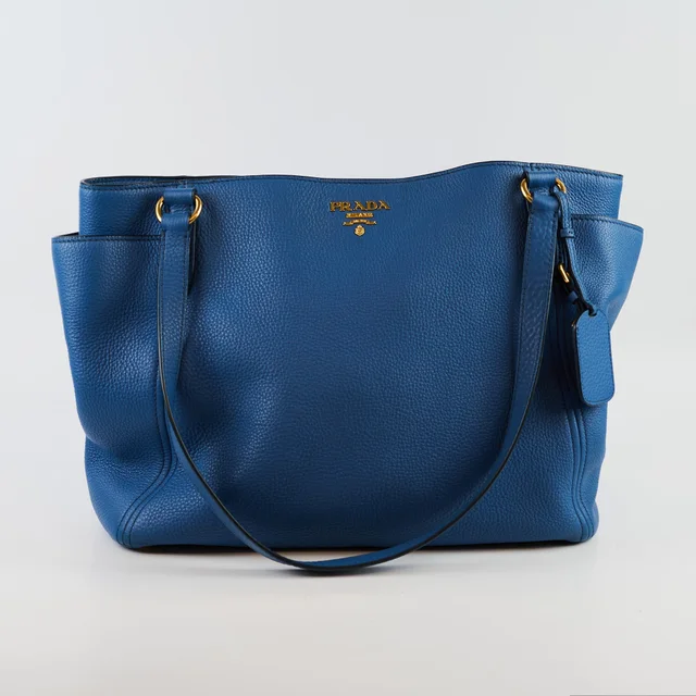 Prada Vitello Daino Side Pocket Tote Blue in Blue Leather from The Purse Affair