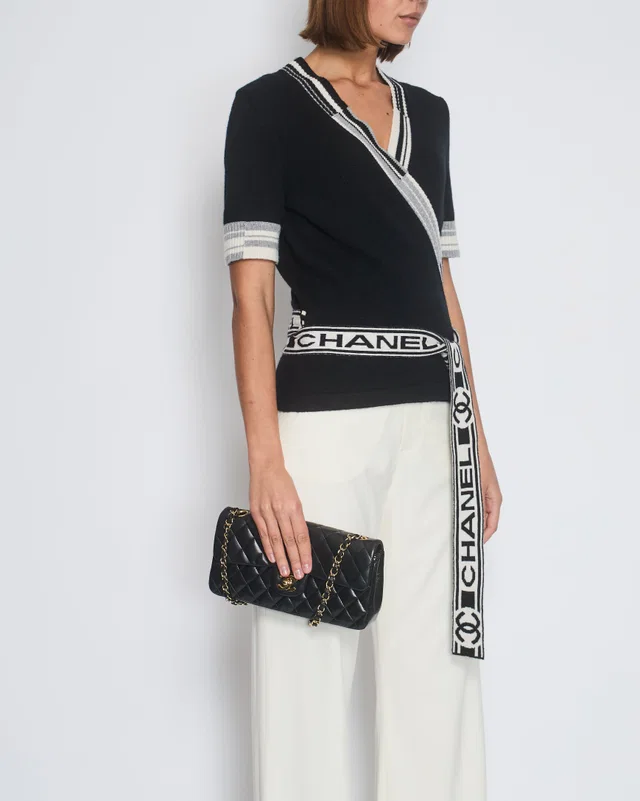 Chanel 2020 Black V-Neck Short Sleeve Wrap Cardigan with Logo Detail Size FR 38 (UK 10) in Black Cashmere from Sellier