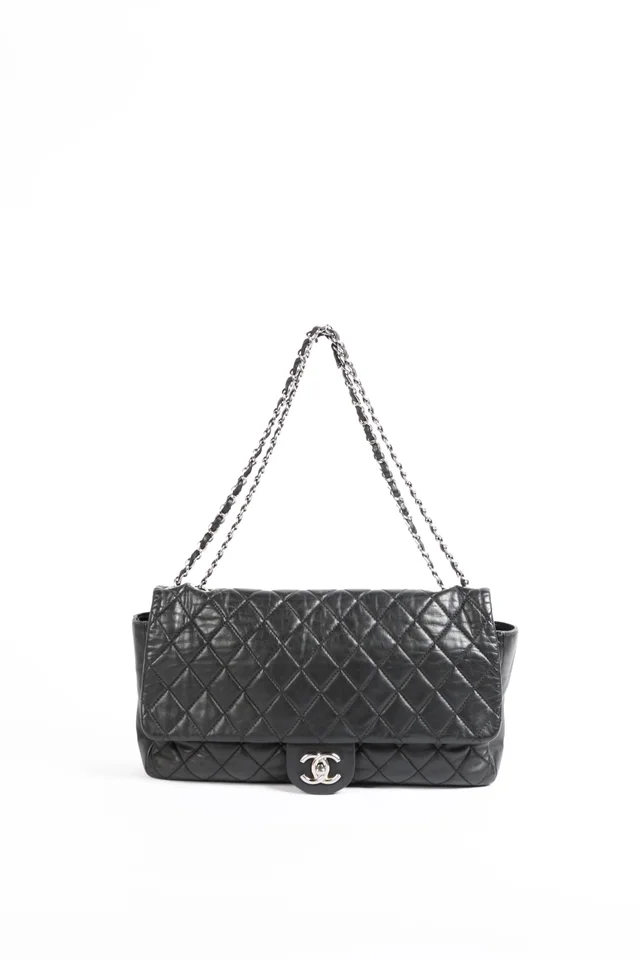 2000s Chanel Black Aged Calfskin Coco Rain Jumbo Single Flap Shoulder Bag in Black Calfskin from Break Archive