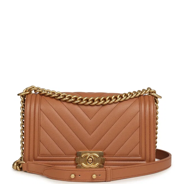 Chanel Medium Chevron Boy Bag Brown Caviar Antique Gold Hardware in Brown Caviar leather from Madison Avenue Couture