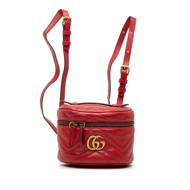 Red Gucci Mini GG Marmont Matelasse Calfskin Round Backpack in Red Calfskin from Designer Revival