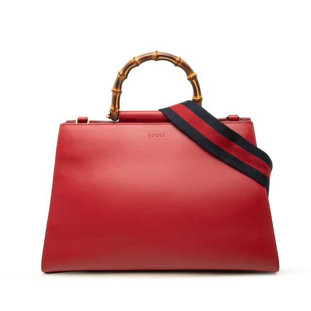 Red Gucci Medium Calfskin Bamboo Nymphaea Satchel in Red Calfskin from Designer Revival