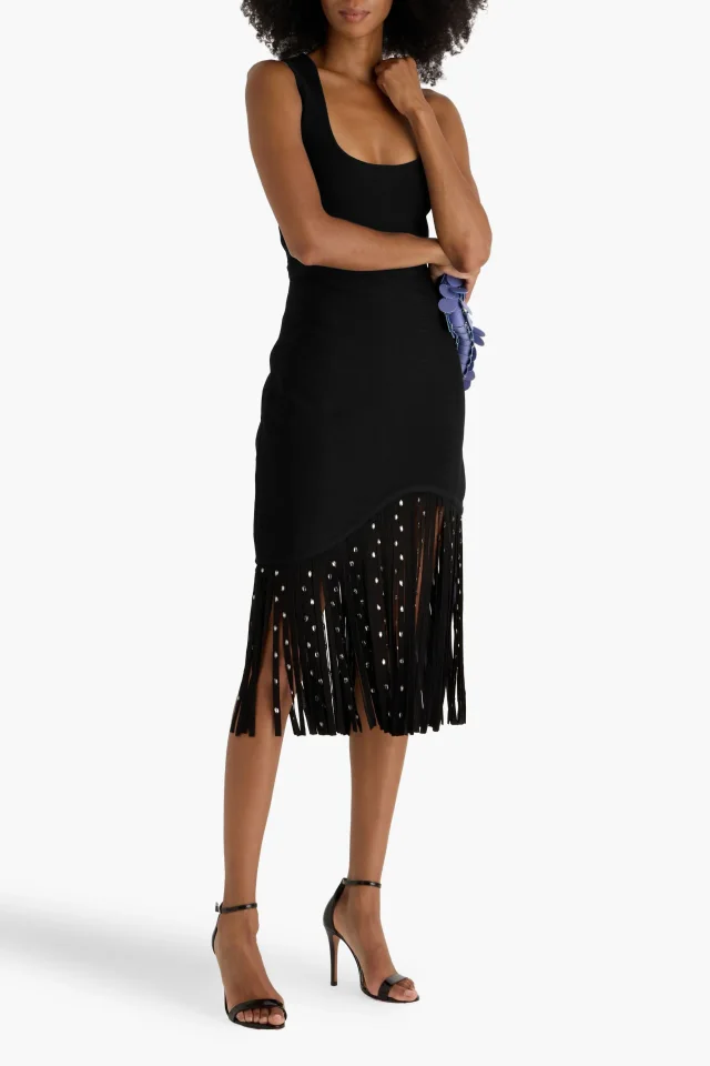 Hervé Léger Reagan Crystal-Embellished Fringed Bandage Midi Dress in Black, photo 2 of 4 from THE OUTNET