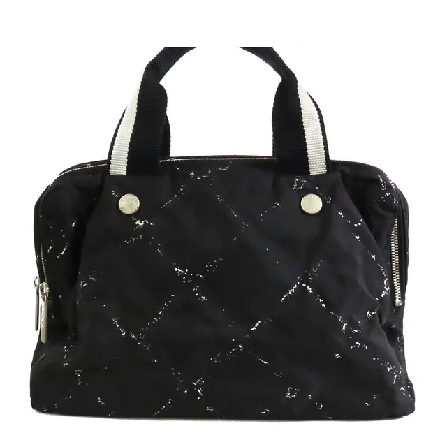 Chanel Vintage Travel Line Mini Boston Bag Black White Silver Nylon Vinyl in Black Nylon from The Reluxe
