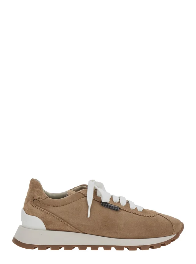 Brunello cucinelli Low Top Sneaker with Monile Detail on the Side and Lettering Logo on the Tongue in Brown Suede for Women in Brown 100% Calf, photo 2 of 8 from Gaudenzi Boutique