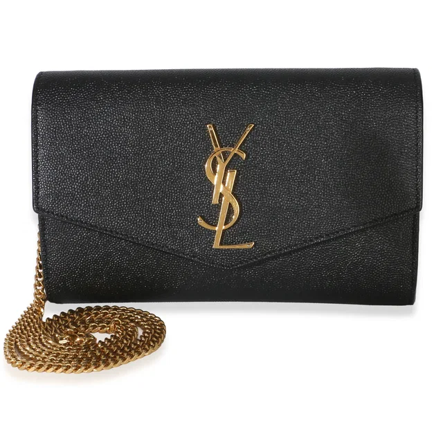 Saint Laurent Black Grain de Poudre Uptown Chain Wallet in Black Leather from myGemma