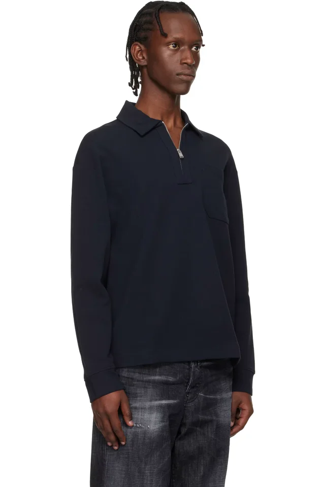 BOSS Navy Zip-Neck Cotton Blend Polo, photo 2 of 3 from SSENSE