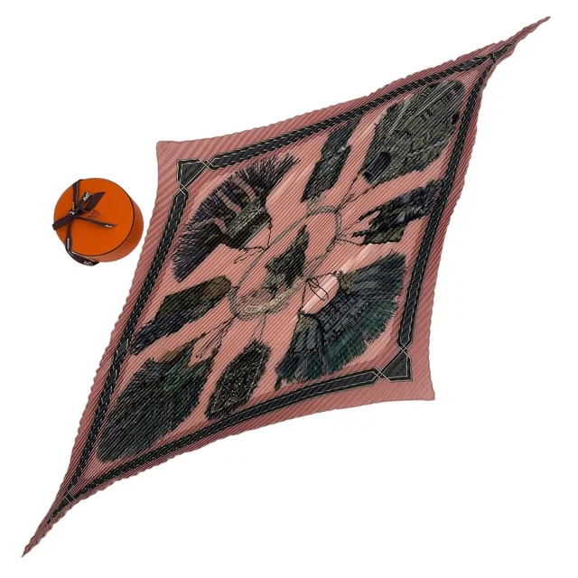Hermès Scarf Pleated Silk Cuirs du Desert Leather Decoration Pink in Pink Silk from The Reluxe