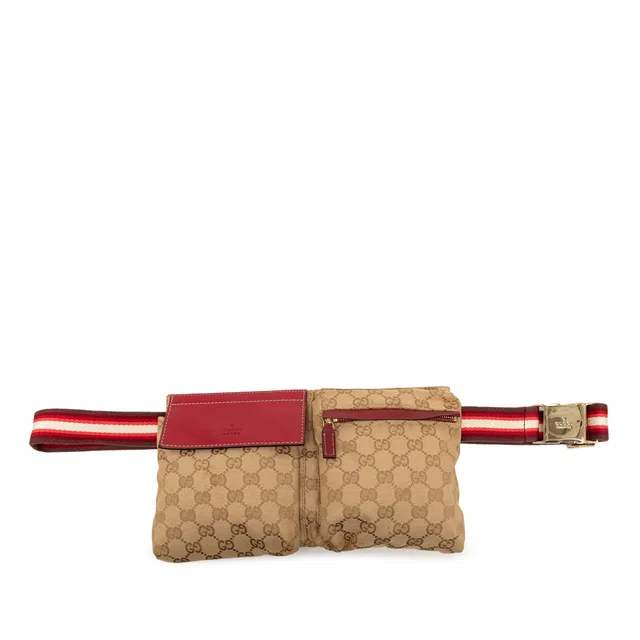 Red Gucci GG Canvas Web Double Pocket Belt Bag in Red Canvas from Designer Revival