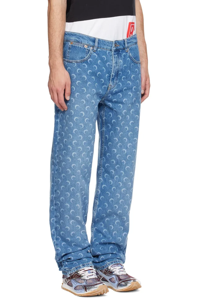 Marine Serre Blue Moon Laser Wash Denim Straight Jeans, photo 2 of 4 from SSENSE