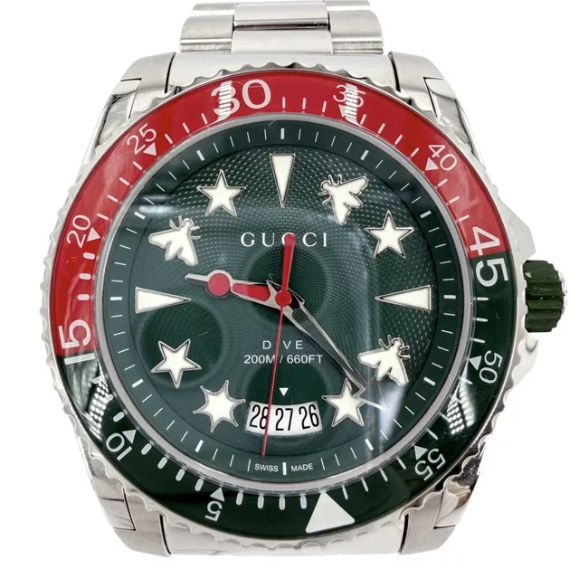Gucci Watch Date Dive Quartz Green Dial Stainless Steel Silver in Green from The Reluxe