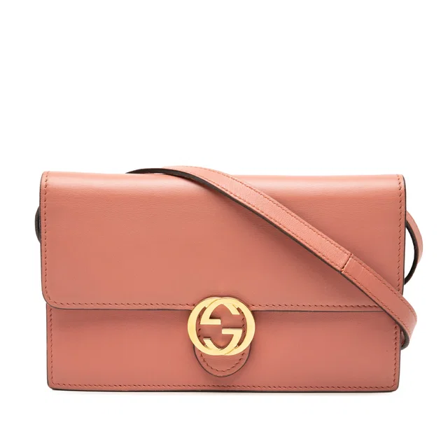 Pink Gucci Leather Interlocking G Dollar Wallet On Strap in Pink Leather from Designer Revival