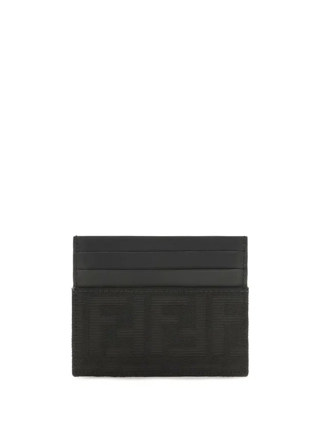Fendi Ff Jacquard And Leather Card Case — Black Polyester; Cotton Wallet in Black Leather from HEWI