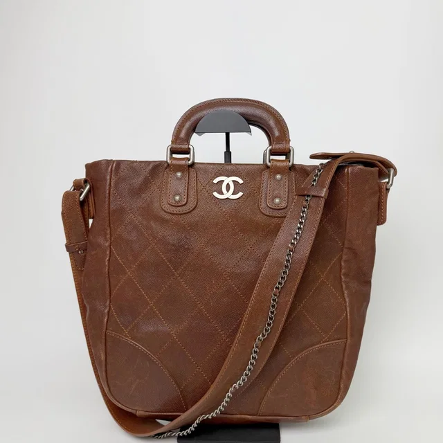 Chanel CC Logo Quilted 2-Way Shoulder Bag Leather Brown Silver Seal Vintage in Brown Leather from The Reluxe