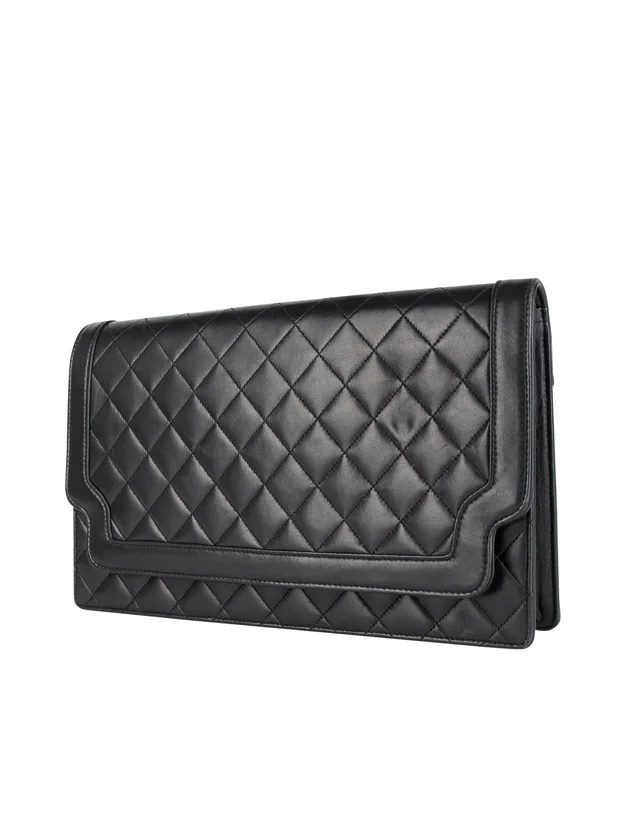 Chanel Vintage c. 1989-1991 Black Matelasse Lambskin Leather Clutch Bag in Black Lambskin from Amarcord Vintage Fashion