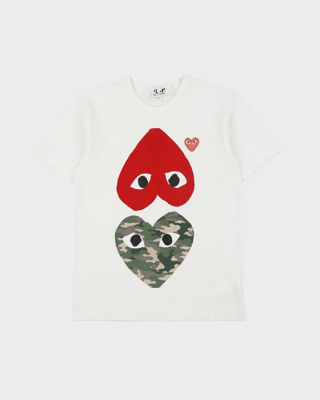 Comme des Garçons PLAY Camo Mirrored Hearts Heavyweight Single Stitch Crewneck T-Shirt - S from Rokit Vintage