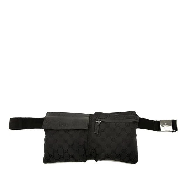 Black Gucci GG Canvas Double Pocket Belt Bag in Black Canvas from Designer Revival