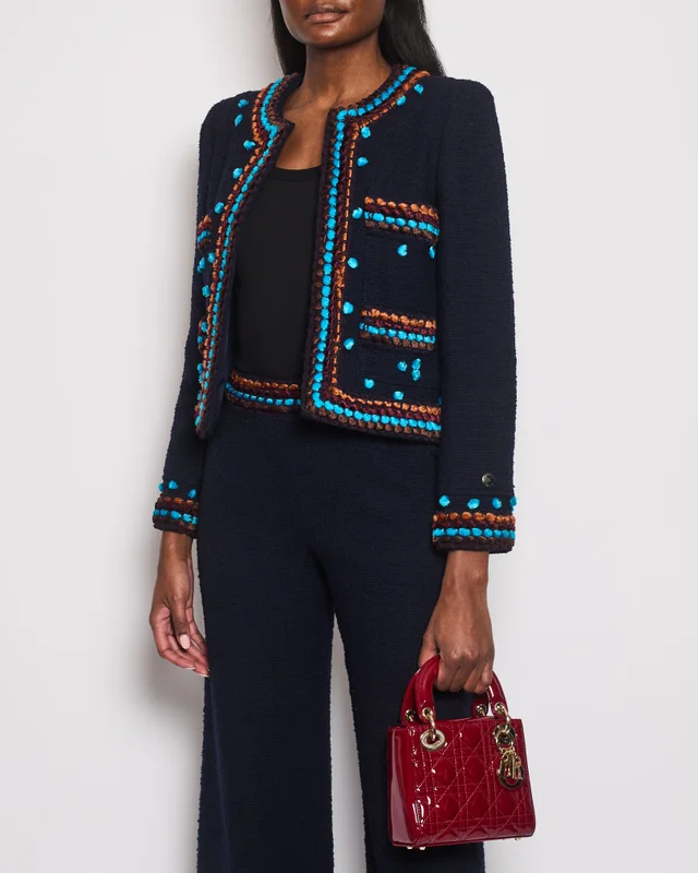 Chanel for Bergdorf Goodman AW/97 Navy Boucle Cropped Jacket with Matching Trousers Size FR 36 (UK 8) in Navy Silk from Sellier, photo 2 of 2
