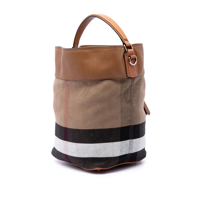 Brown Burberry Medium Mega Check Canvas and Grained Calfskin Ashby Tassel Bucket Bag Satchel in Brown Caviar leather from Designer Revival, photo 2 of 2