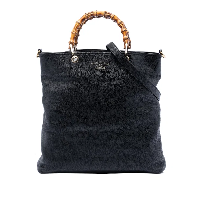 Black Gucci Tall Leather Bamboo Shopper Tote Satchel in Black Leather from Designer Revival