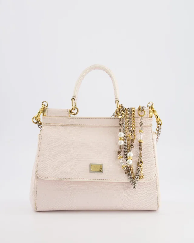 Dolce & Gabbana Light Pink Iguana Embossed Leather Small Sicily Bag with Mixed Hardware and Crystal Pearl Chain in Pink Leather from Sellier