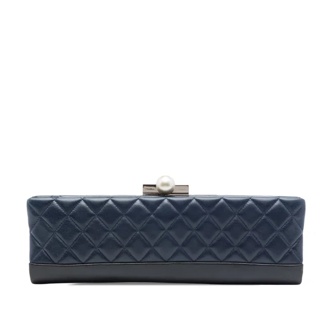 Blue Chanel CC Quilted Lambskin Pearl Evening Baguette Clutch in Blue Lambskin from Designer Revival