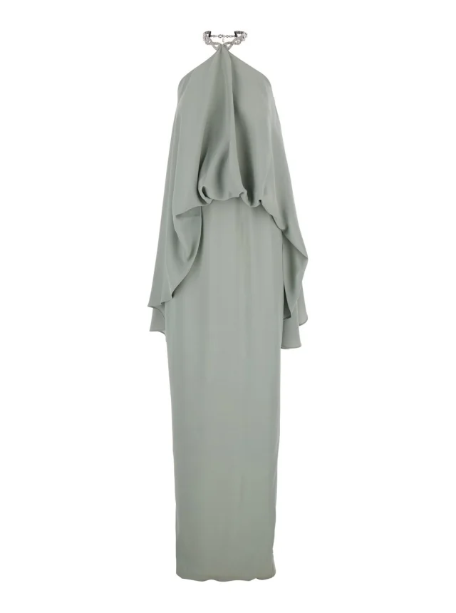 Long Dress 'Cyclades' with Crystal Choker on the Neck in Faded Green Cady Crepe for Women in Green, image 1 of 1 from Gaudenzi Boutique