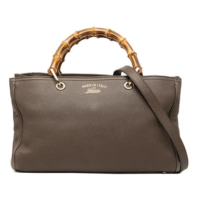 Brown Gucci Medium Calfskin Bamboo Shopper Satchel in Brown Calfskin from Designer Revival