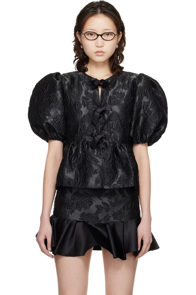 Black Satin Peplum Tie Blouse