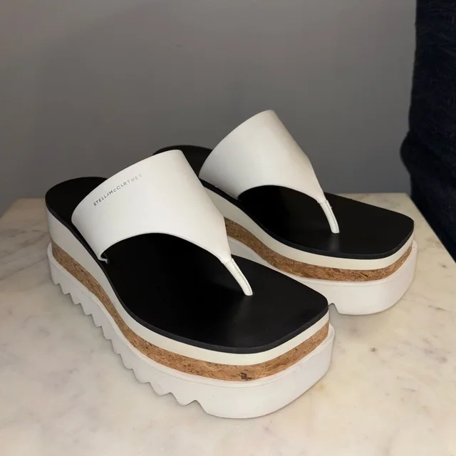 Stella McCartney Sneak-Elyse Logo Printed Platform Sandals in black|white Leather from Poshmark