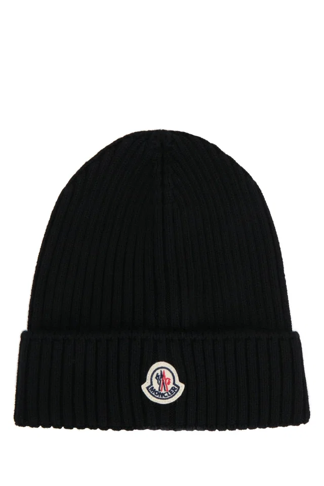 Moncler Hat Ribbed Knit Beanie — Black Mixed Fibres Beanies in Black from HEWI