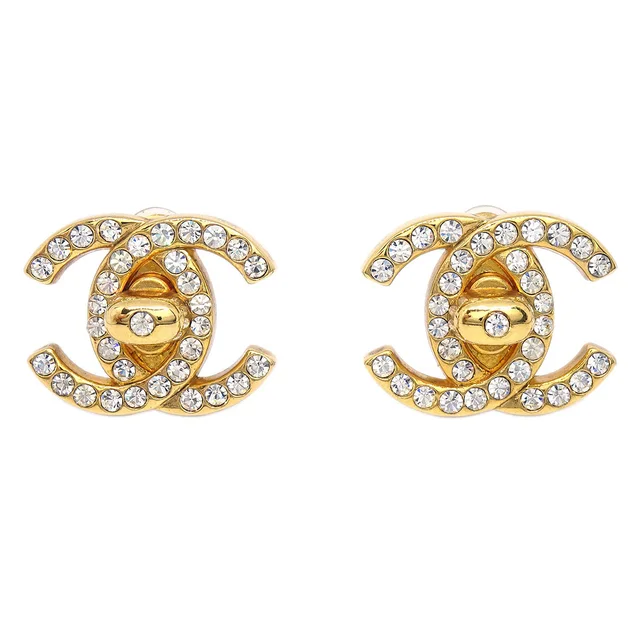 Chanel CC Turnlock Clip-On Earrings Gold Rhinestone Large 96A in Gold from AMORE Vintage Tokyo