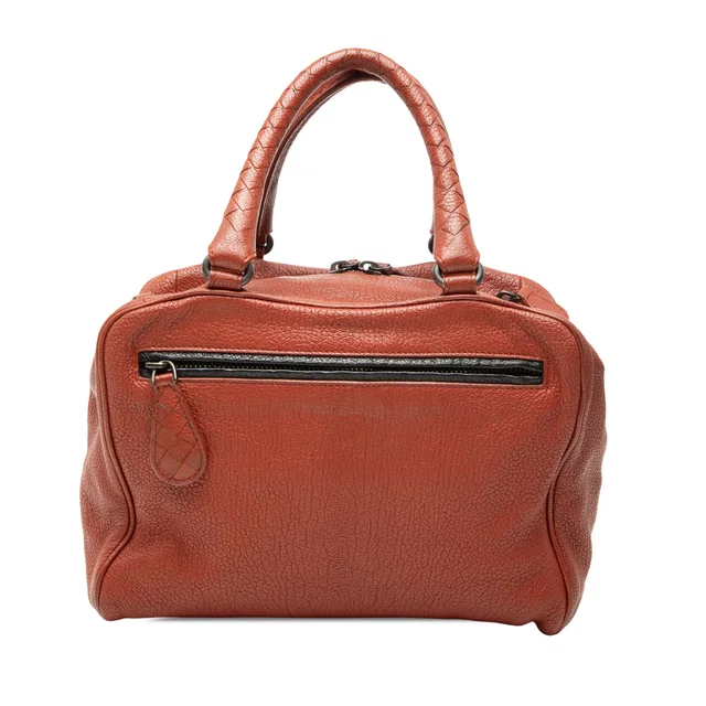 Brown Bottega Veneta Small Intrecciato Trimmed Goatskin Madras Heritage Brera Handbag in Brown Goatskin from Designer Revival