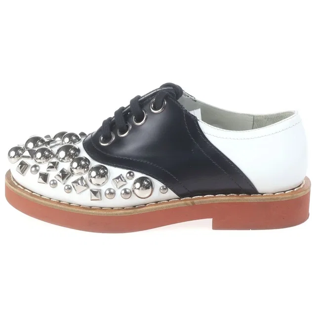 Miu Miu Studded Lace Up Low-Cut Leather Shoes Black White in Black Leather from The Reluxe