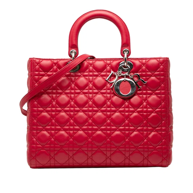 Red Dior Large Lambskin Cannage Lady Dior Satchel in Red Lambskin from Designer Revival