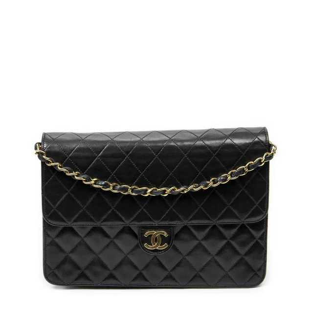 Chanel Vintage Pushlock Straight Flap Bag Black Quilted Lambskin Leather in Black Lambskin from The Reluxe