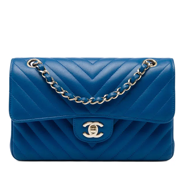 Blue Chanel Small Classic Chevron Lambskin Double Flap Shoulder Bag in Blue Lambskin from Designer Revival