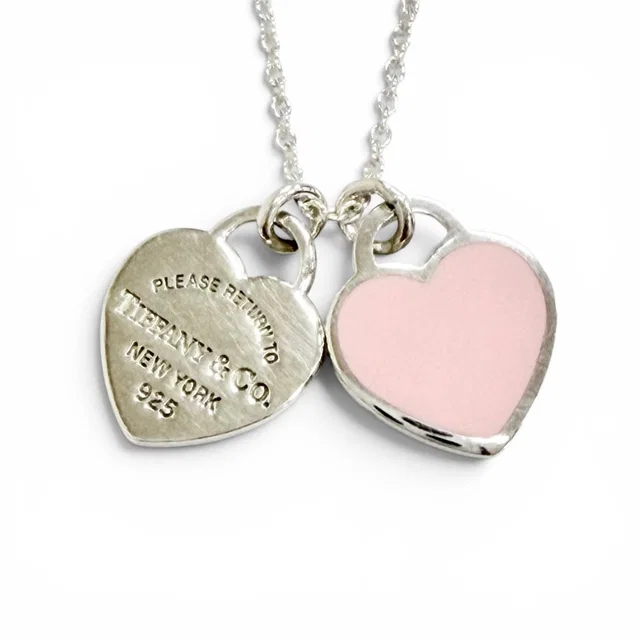 Return to Tiffany Pink Double Heart Tag Pendant 925 Necklace Silver in Pink from The Reluxe