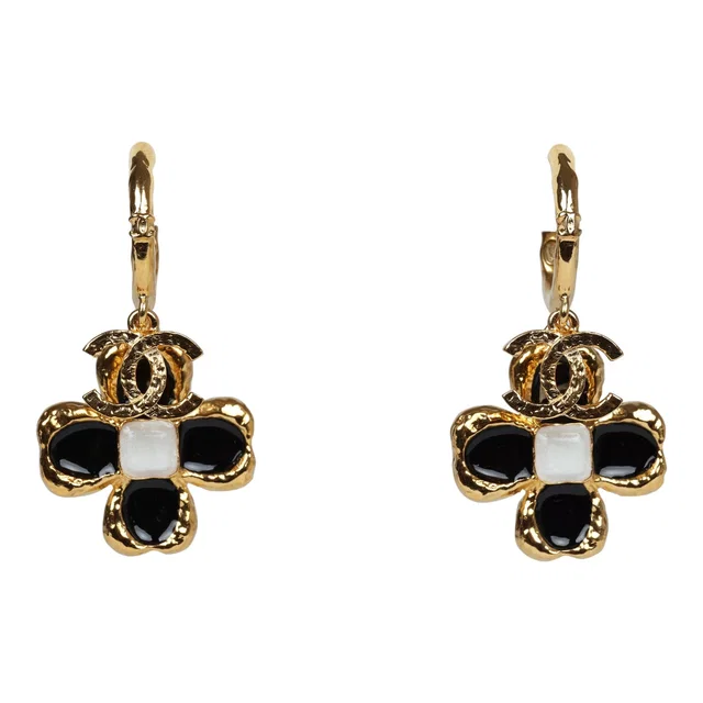 Chanel Flower Dangle CC Earrings Black Enamel & Gold Metal in Black from Madison Avenue Couture