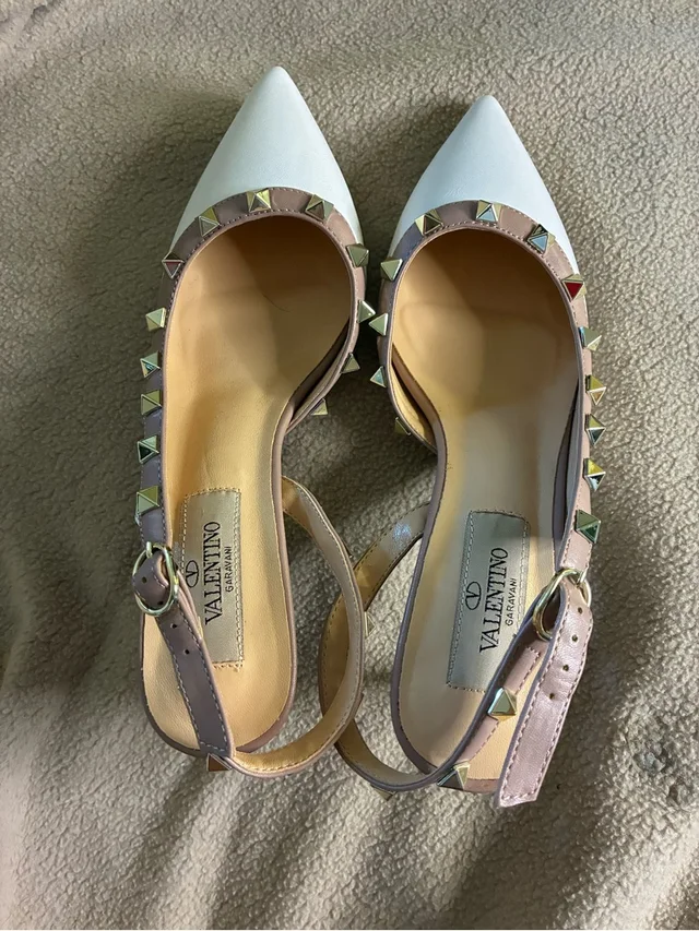Valentino Garavani White Pointed-Toe Slingbacks With Blush Rockstud Trim in white|pink Leather from Poshmark