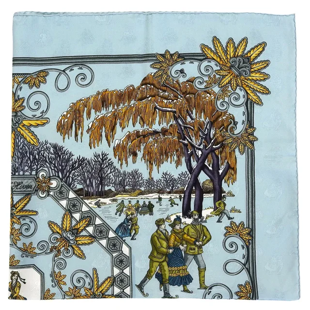 Hermès Carré 90 Les Joies d'Hiver Pattern Scarf Light Blue/Multi in Blue Silk from VINTAGE QOO TOKYO, photo 3 of 9