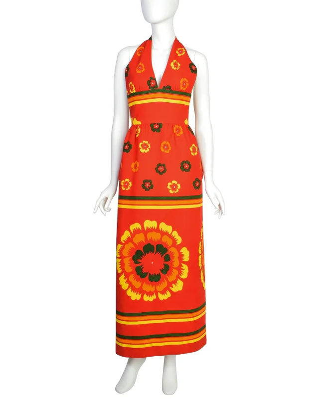 Lanvin Vintage 1972 Iconic Vibrant Red Multicolor Floral Cotton Pique Halter Dress in Red from Amarcord Vintage Fashion